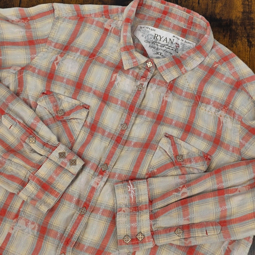 Ryan Michael Western Plaid Shirt Womens XL Orange Tan Horse Graphic Long Sleeve